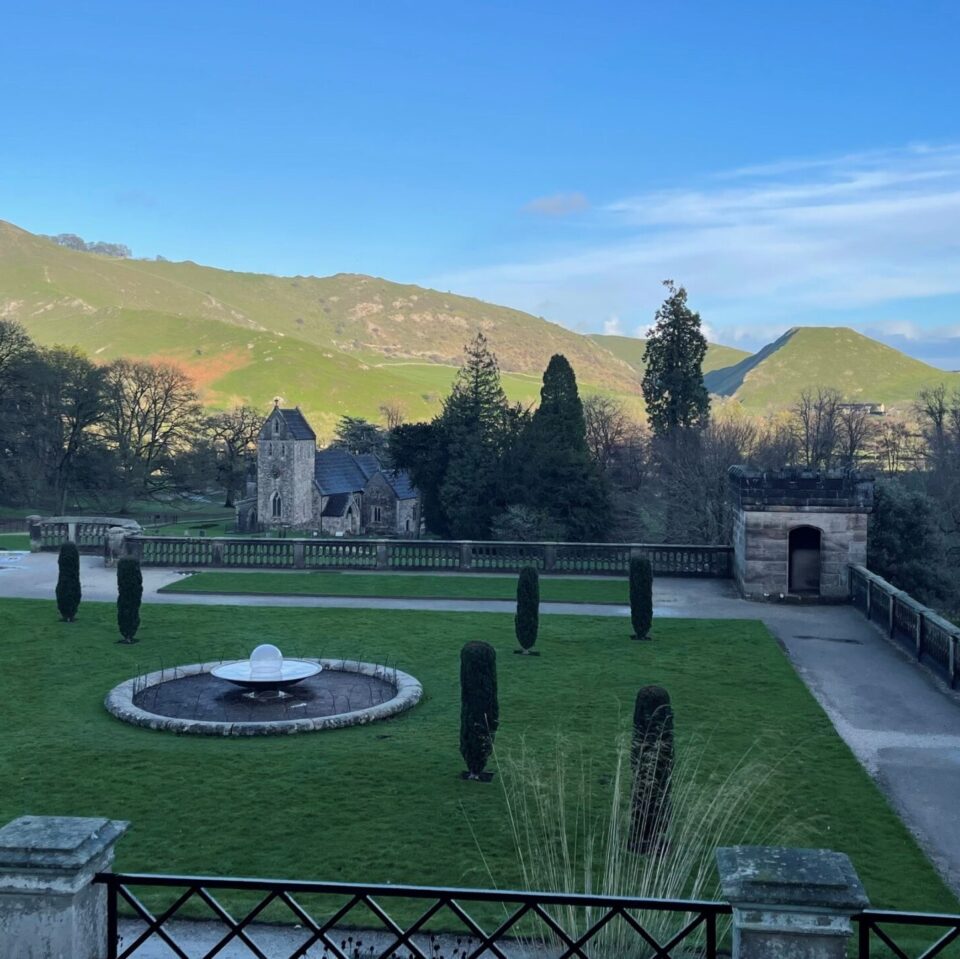 View across Ilam with a fountain in the foreground