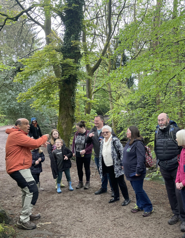 group of people on walk in woodlands